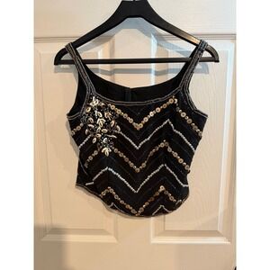 Vintage‎ Black Beaded Sequin Crop Top Shell Embellished Chevron Bodice Evening